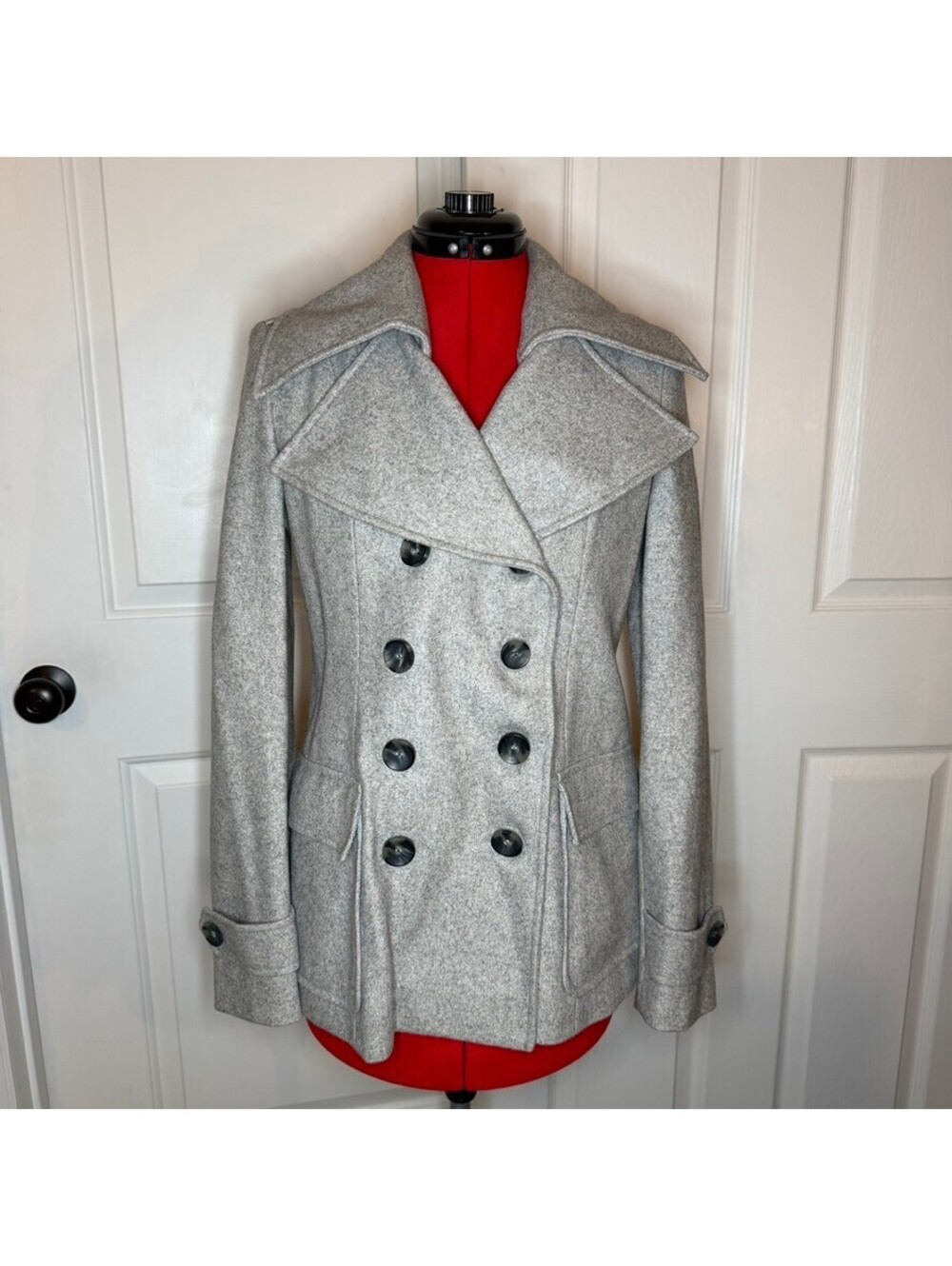 New York & Co Y2K Light Gray Wool Blend Short Pea Coat Womens XS Double Breasted